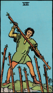 Photo of seven of wands tarot card - Rider Waite deck