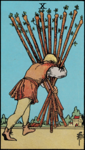 Photo of ten of wands tarot card - Rider Waite deck